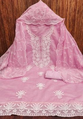 Baby Pink Embroidered Cotton Blend Dress Material