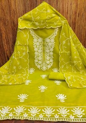 Green Embroidered Cotton Blend Dress Material