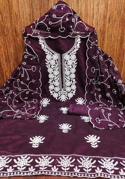 Purple Chikankari Blended Straight Kurta Set