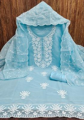 Sky Blue Embroidered Cotton Blend Dress Material