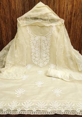 White Embroidered Cotton Blend Dress Material