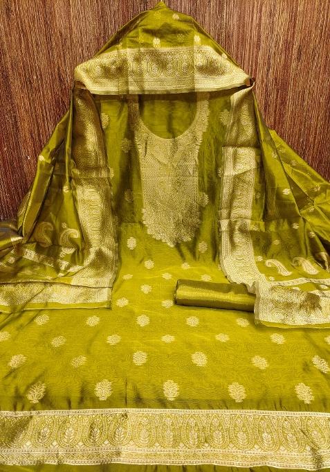 Green Embroidered Silk Dress Material