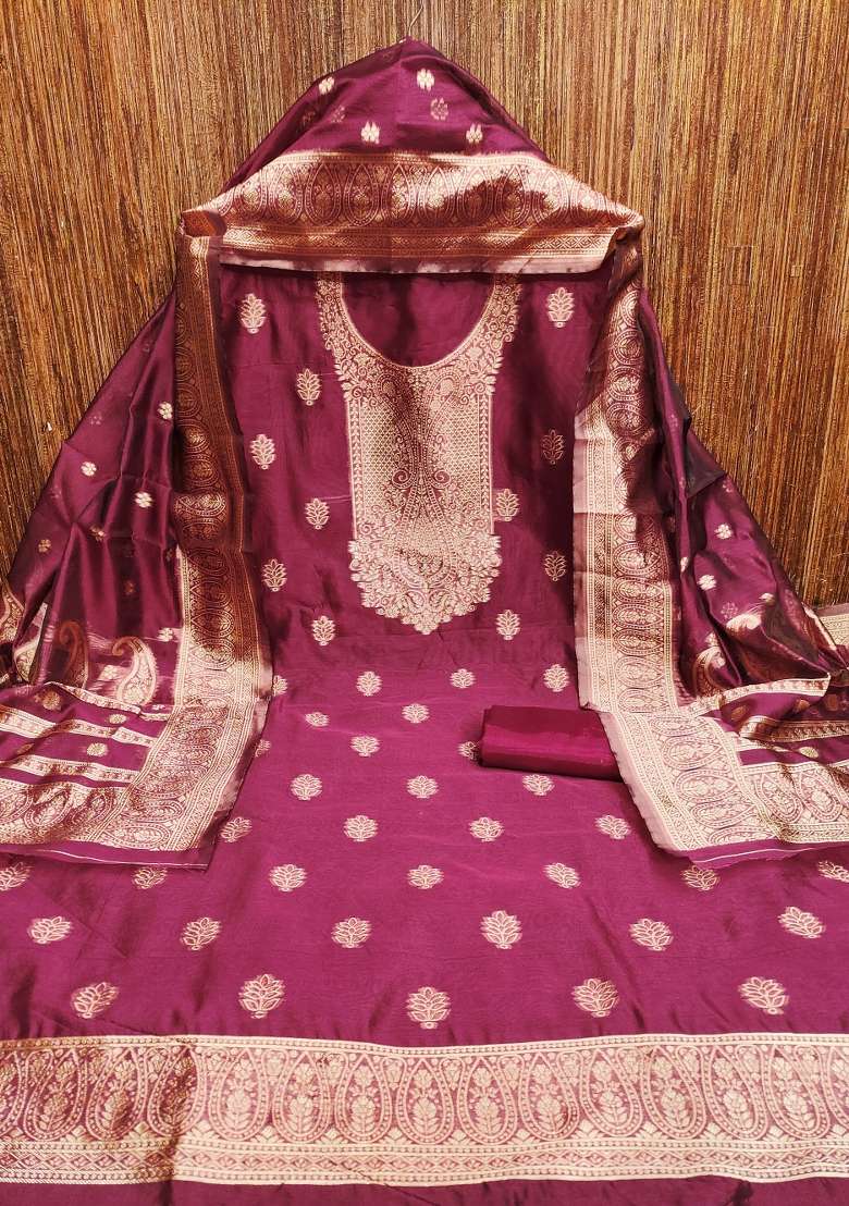 Magenta Jacquard Silk Blend Pakistani Suit Set - Indya