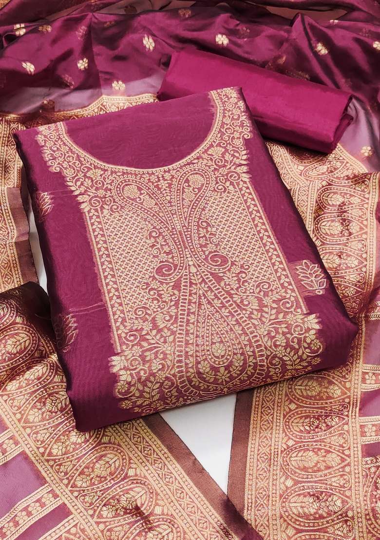 Magenta Jacquard Silk Blend Pakistani Suit Set - Indya