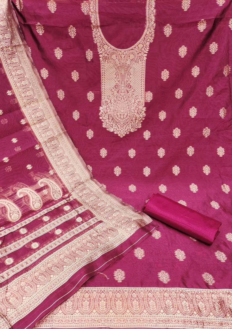Magenta Jacquard Silk Blend Pakistani Suit Set - Indya