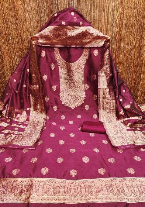 Magenta Jacquard Silk Pakistani Suit Set