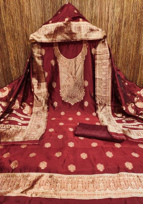 Maroon Embroidered Silk Dress Material