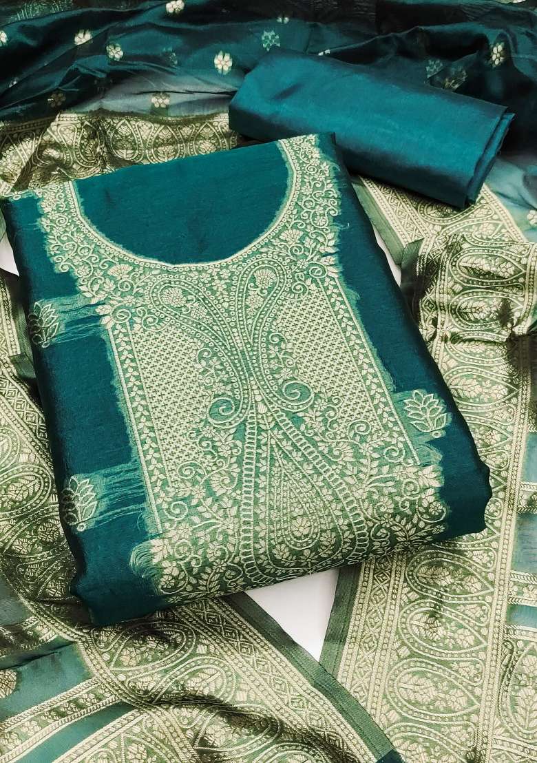 Sea Green Zari Work Silk Blend Straight Kurta Set - Indya
