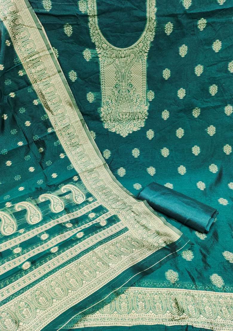 Sea Green Zari Work Silk Blend Straight Kurta Set - Indya