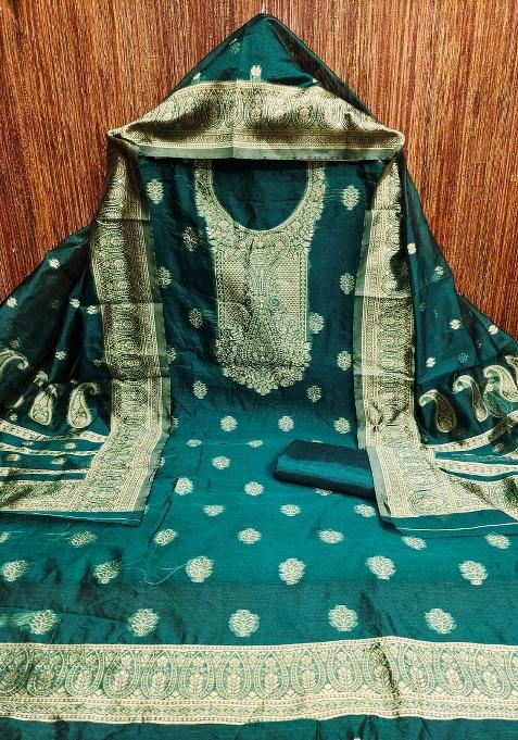 Sea Green Zari Work Silk Straight Kurta Set