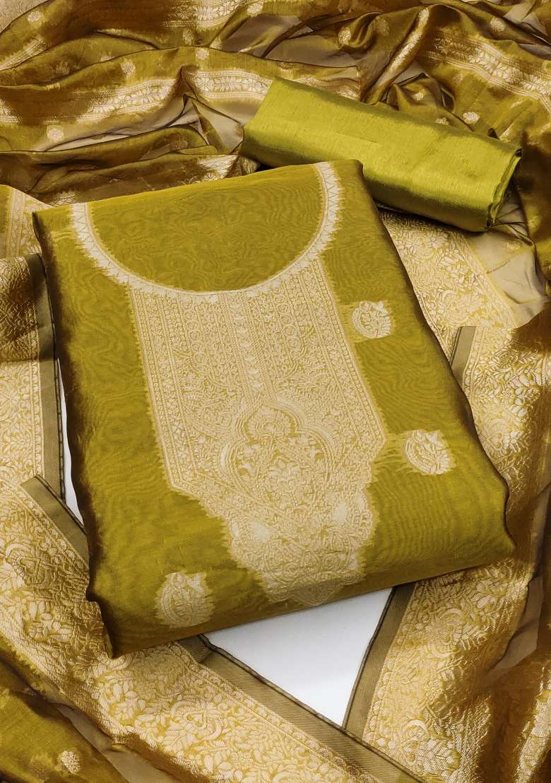 Green Zari Work Silk Blend Straight Kurta Set - Indya