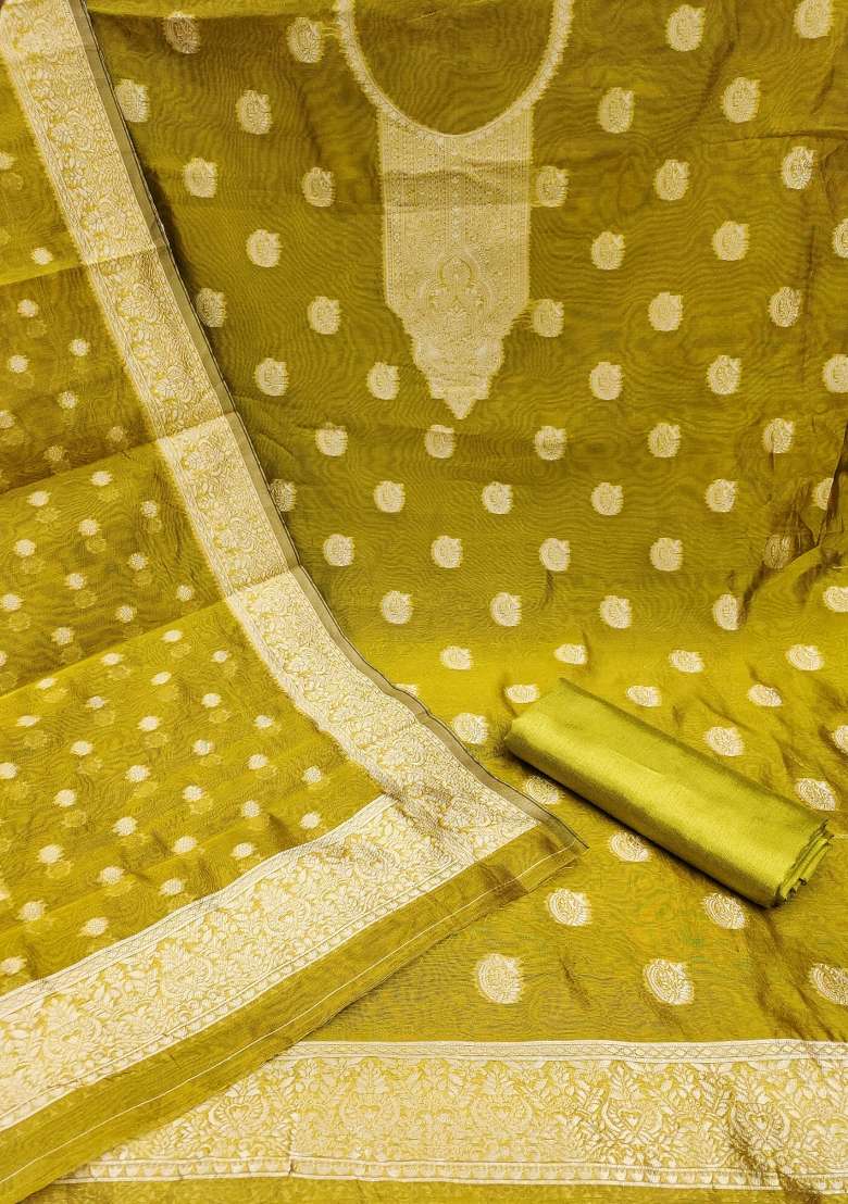 Green Zari Work Silk Blend Straight Kurta Set - Indya