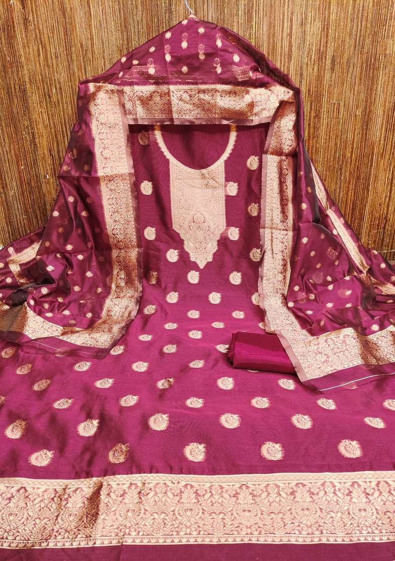 Magenta Zari Work Silk Blend Punjabi Suit - Indya