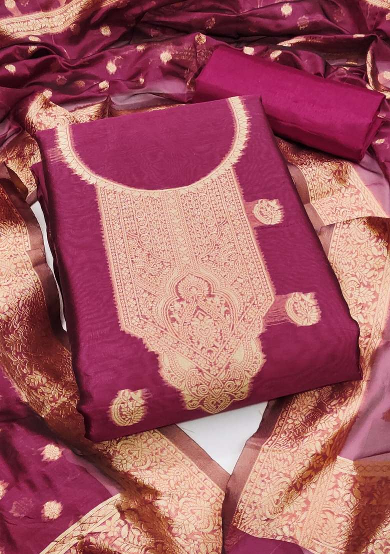 Magenta Zari Work Silk Blend Punjabi Suit - Indya