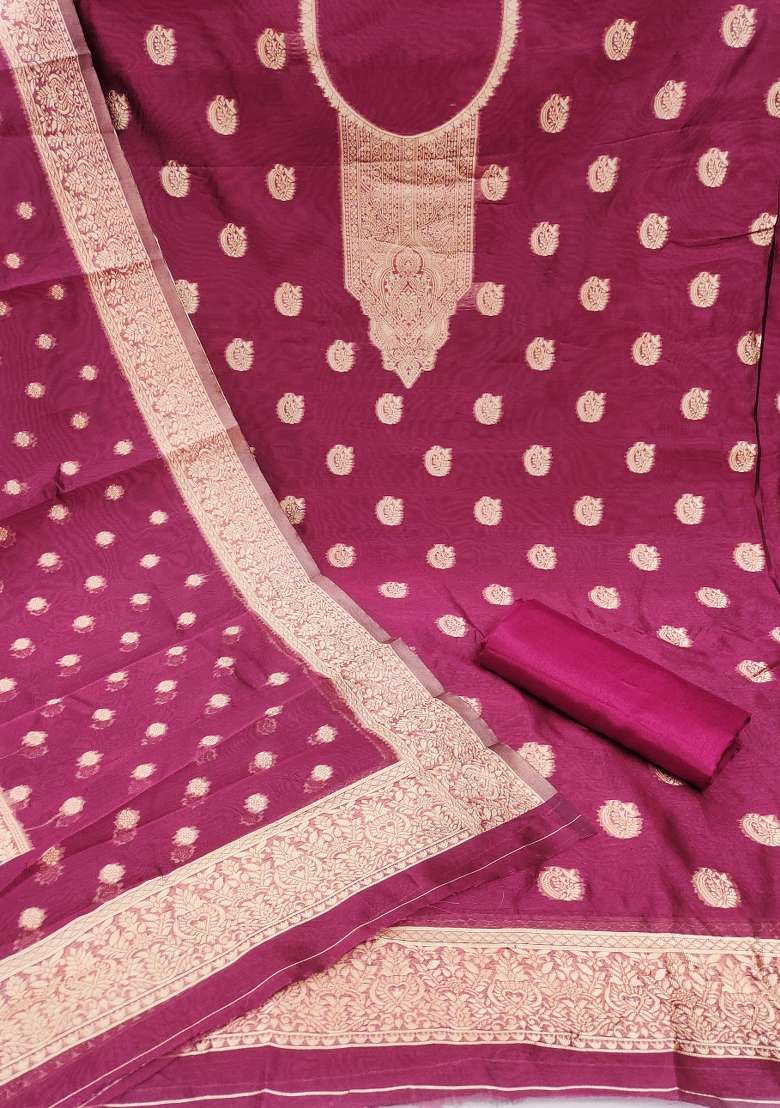Magenta Zari Work Silk Blend Punjabi Suit - Indya