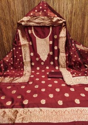 Maroon Embroidered Silk Dress Material