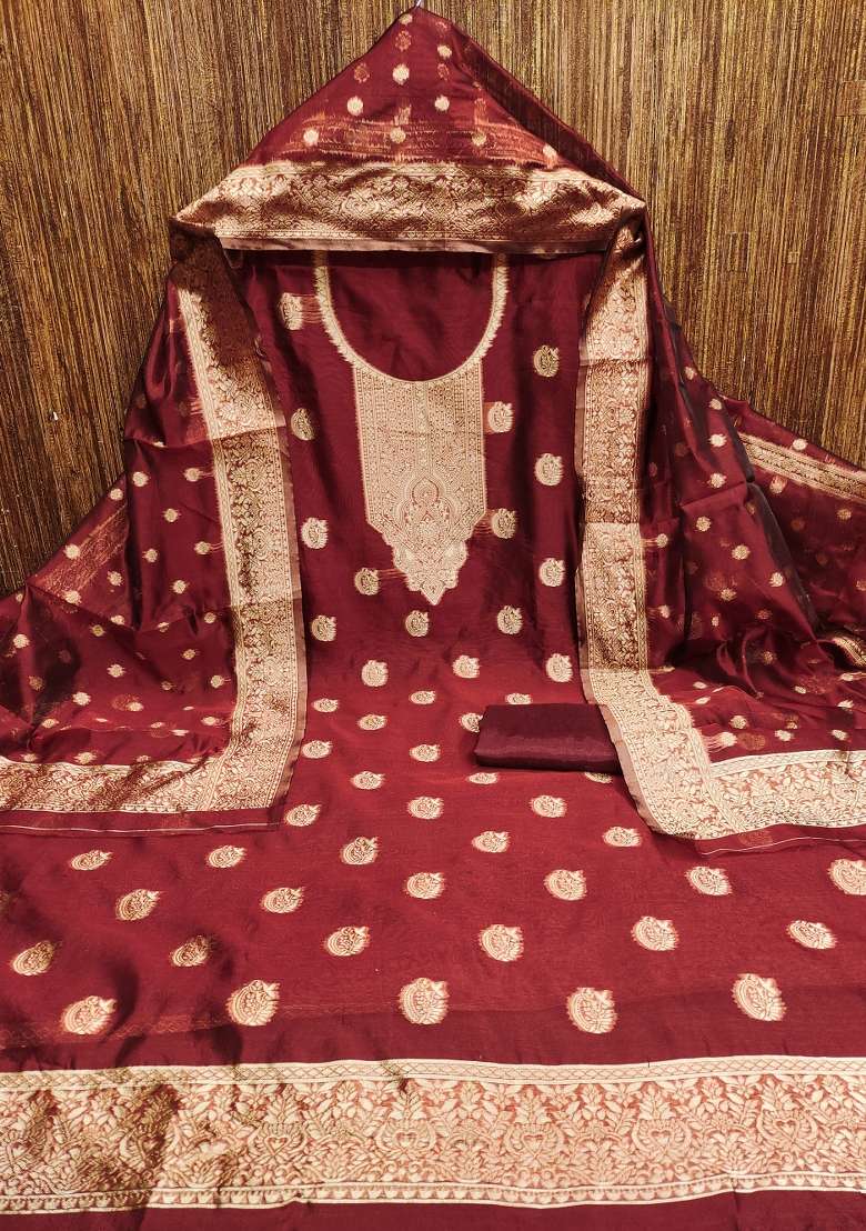 Maroon Zari Work Silk Blend Straight Kurta Set - Indya