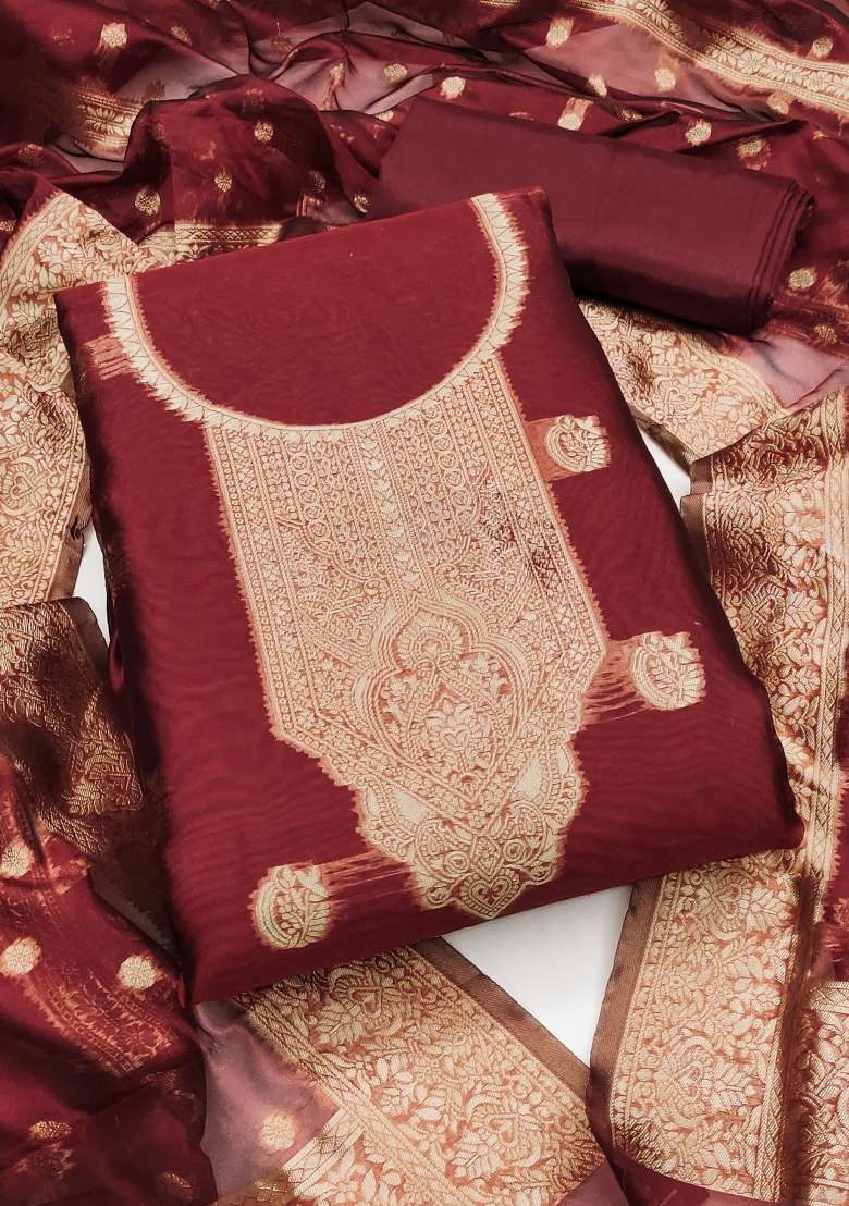 Maroon Zari Work Silk Blend Straight Kurta Set - Indya