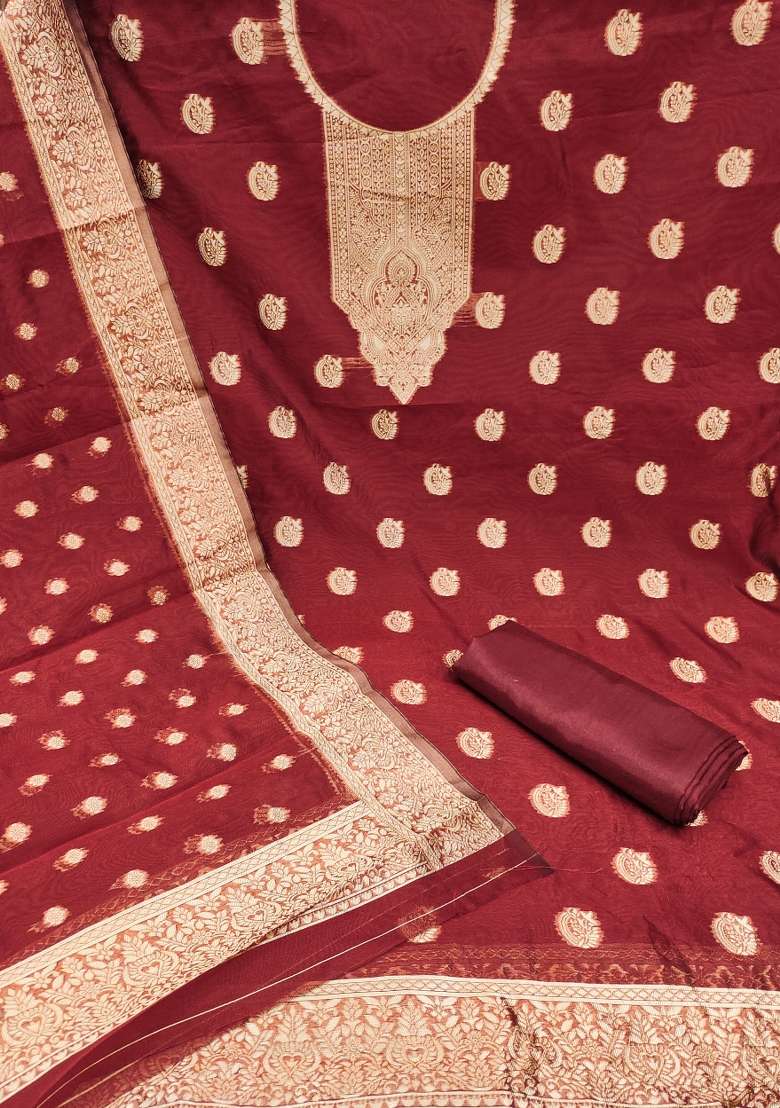 Maroon Zari Work Silk Blend Straight Kurta Set - Indya