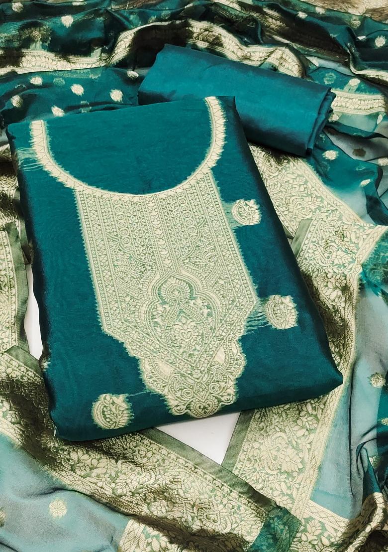Sea Green Embroidered Silk Dress Material