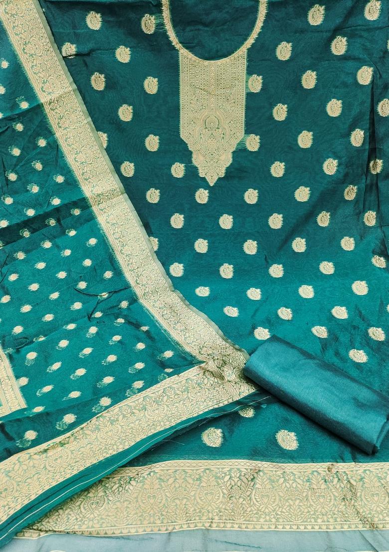 Sea Green Embroidered Silk Dress Material