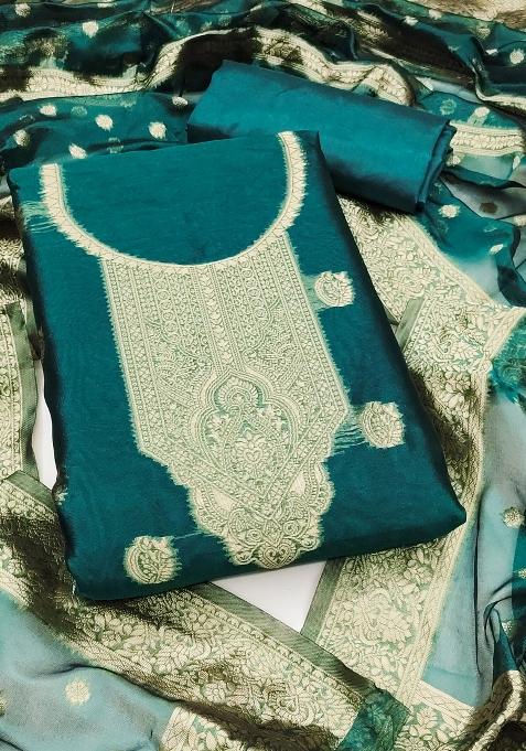 Sea Green Embroidered Silk Dress Material