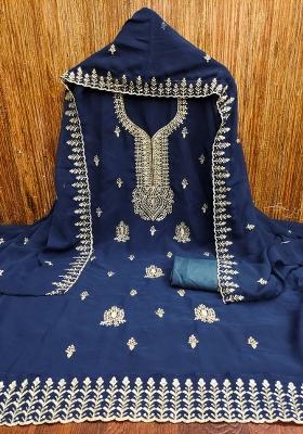 Blue Embroidered Georgette Dress Material