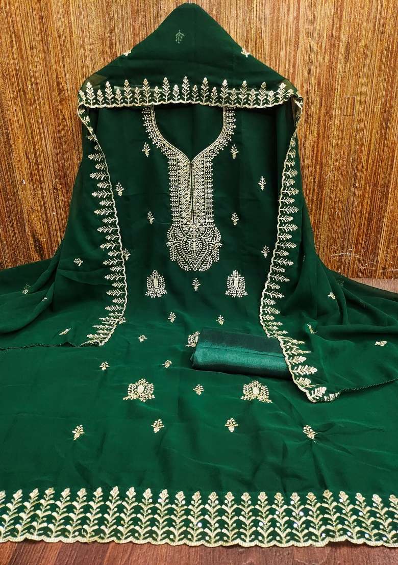 Green Embroidered Georgette Straight Kurta Set - Indya
