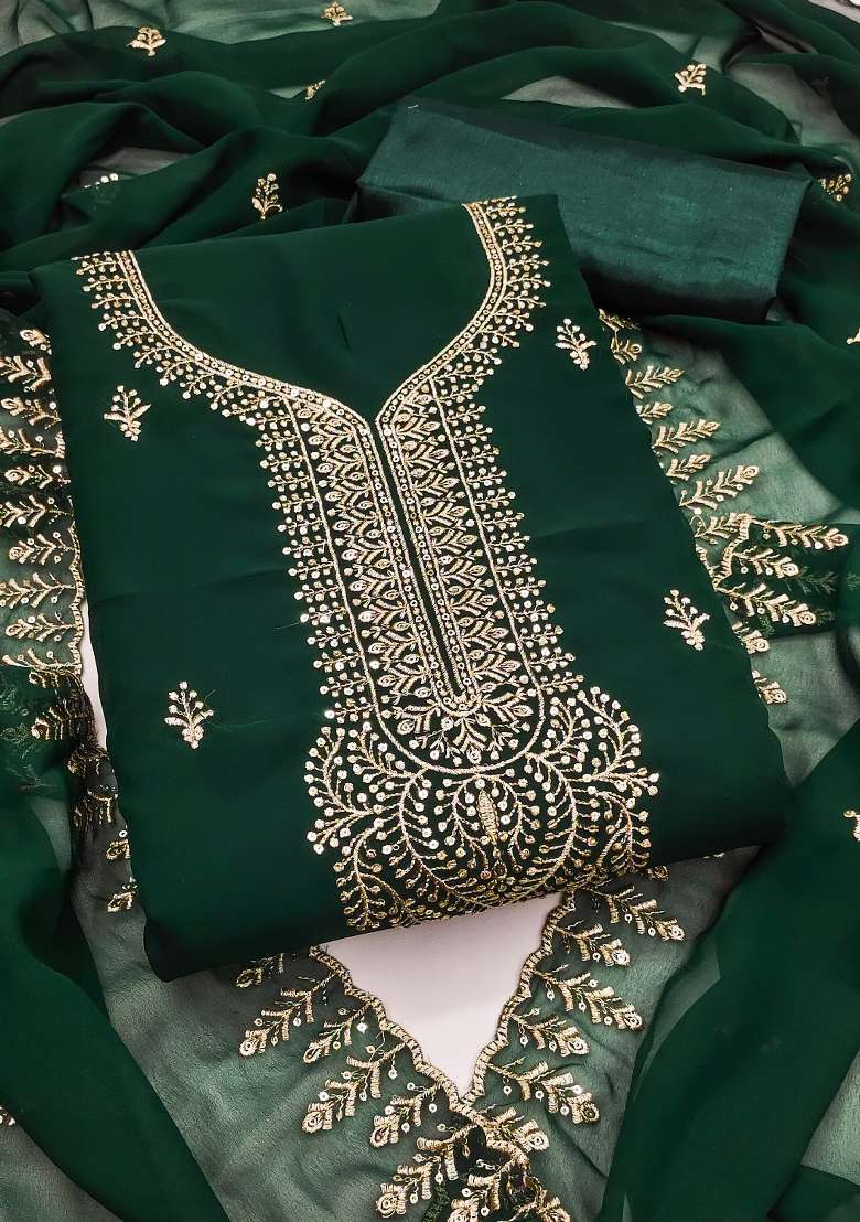 Green Embroidered Georgette Straight Kurta Set - Indya