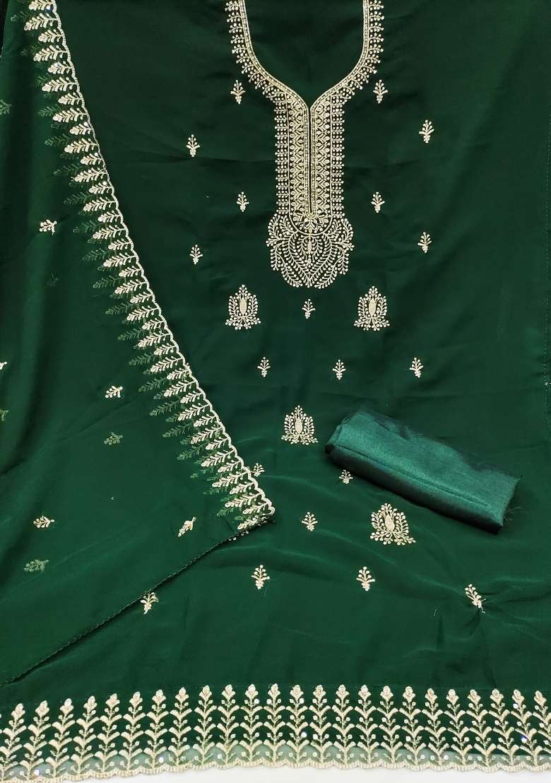 Green Embroidered Georgette Straight Kurta Set - Indya