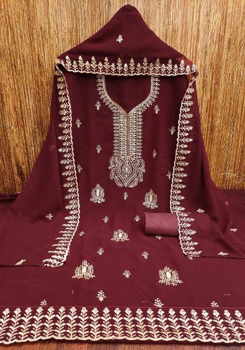 Maroon Embroidered Georgette Dress Material
