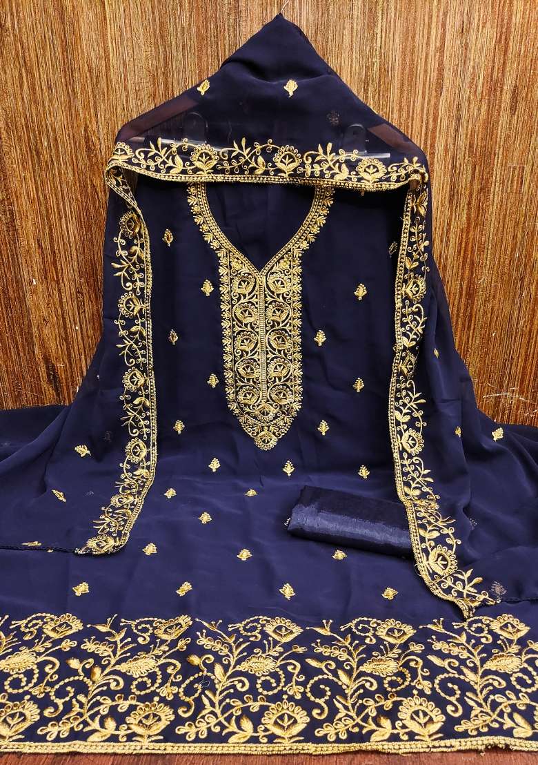 Blue Embroidered Georgette Pakistani Suit Set - Indya