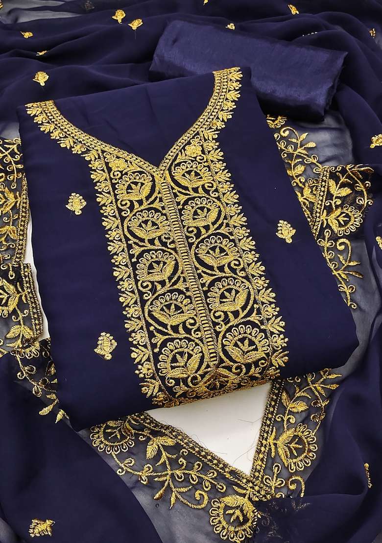 Blue Embroidered Georgette Pakistani Suit Set - Indya