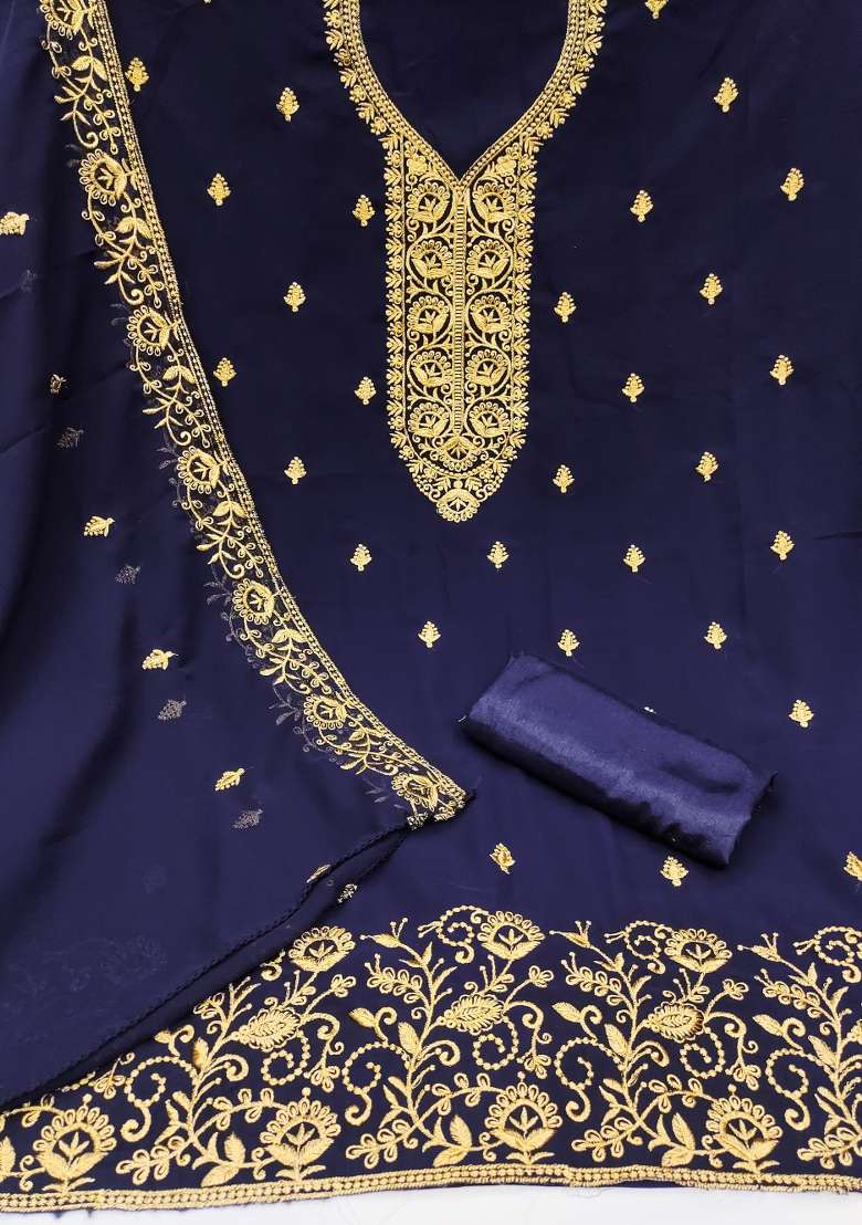 Blue Embroidered Georgette Pakistani Suit Set - Indya