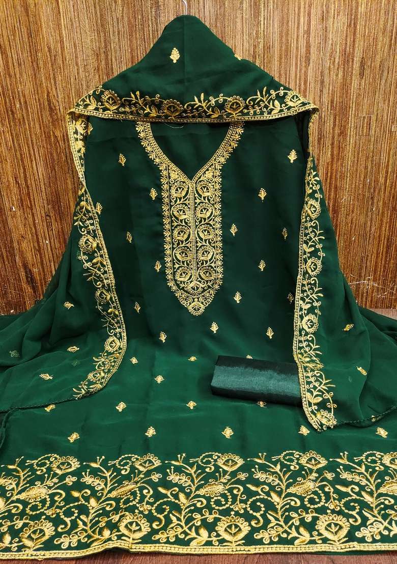 Green Embroidered Georgette Pakistani Suit Set - Indya