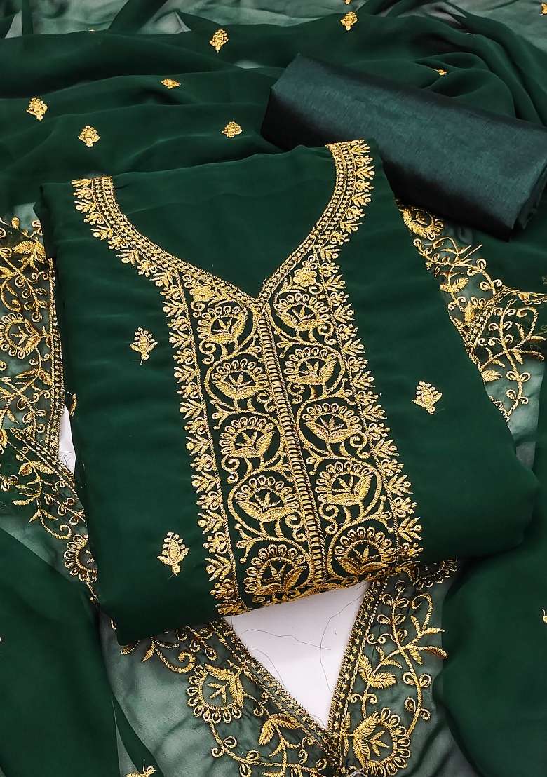 Green Embroidered Georgette Pakistani Suit Set - Indya