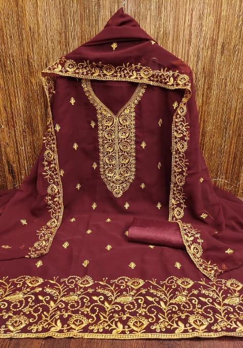 Maroon Embroidered Georgette Dress Material