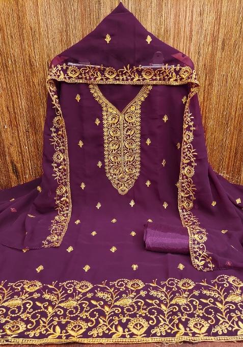 Voilet Embroidered Georgette Straight Kurta Set