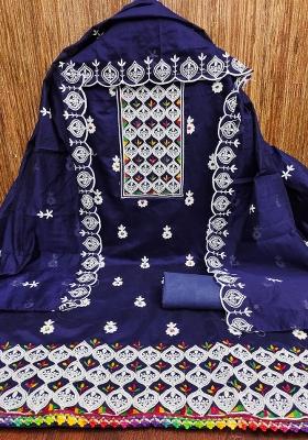 Blue Embroidered Cotton Blend Dress Material