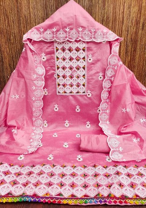 Pink Embroidered Blended Punjabi Suit