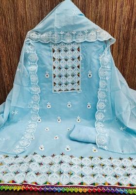 Sky Blue Embroidered Cotton Blend Dress Material