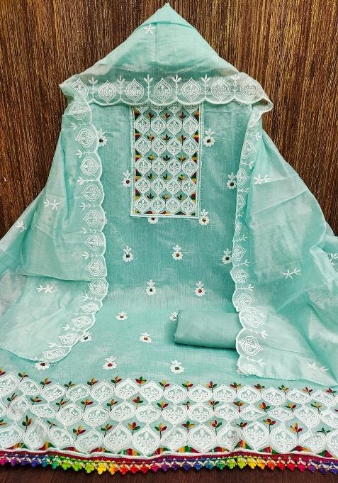 Sea Green Embroidered Cotton Straight Kurta Set