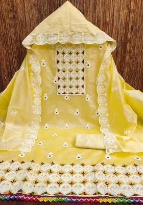 Yellow Embroidered Cotton Blend Dress Material