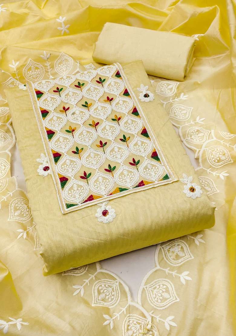Yellow Embroidered Blended Punjabi Suit - Indya