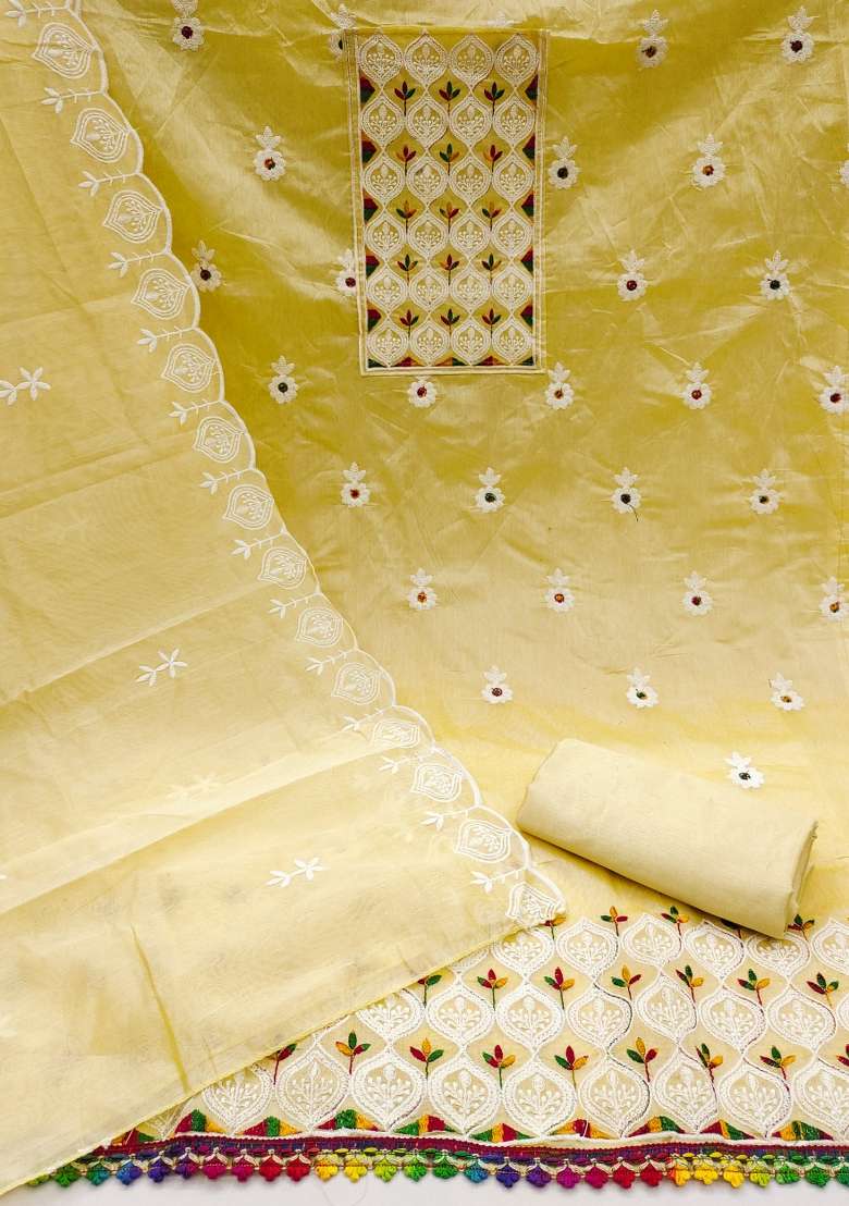 Yellow Embroidered Blended Punjabi Suit - Indya