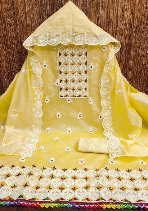 Yellow Embroidered Cotton Blend Dress Material