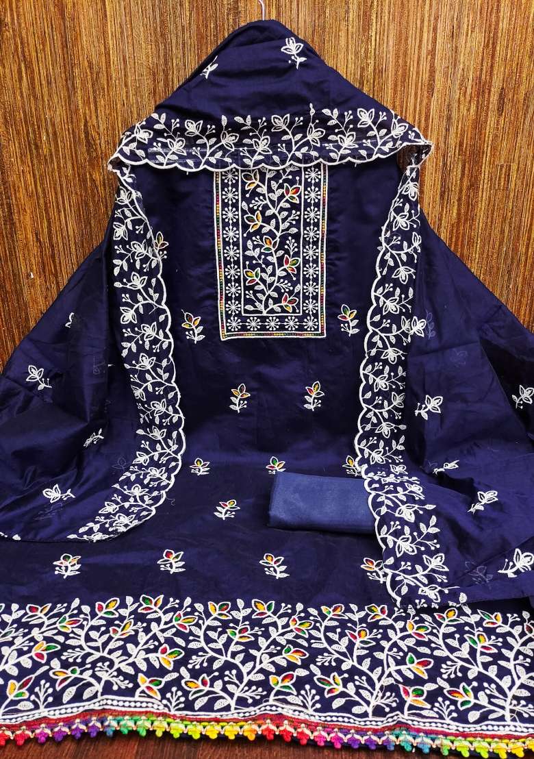 Blue Embroidered Cotton Blend Dress Material - Indya