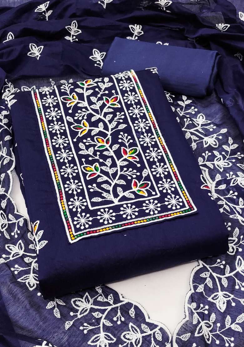 Blue Embroidered Cotton Blend Dress Material - Indya
