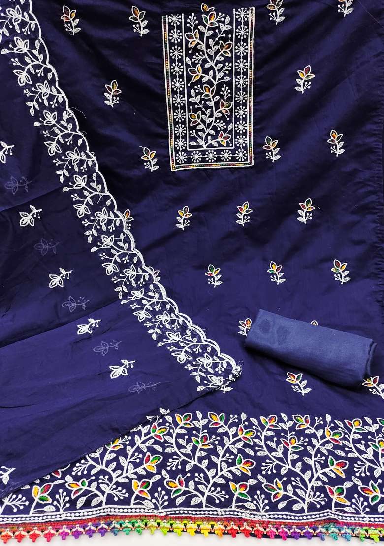 Blue Embroidered Cotton Blend Dress Material - Indya