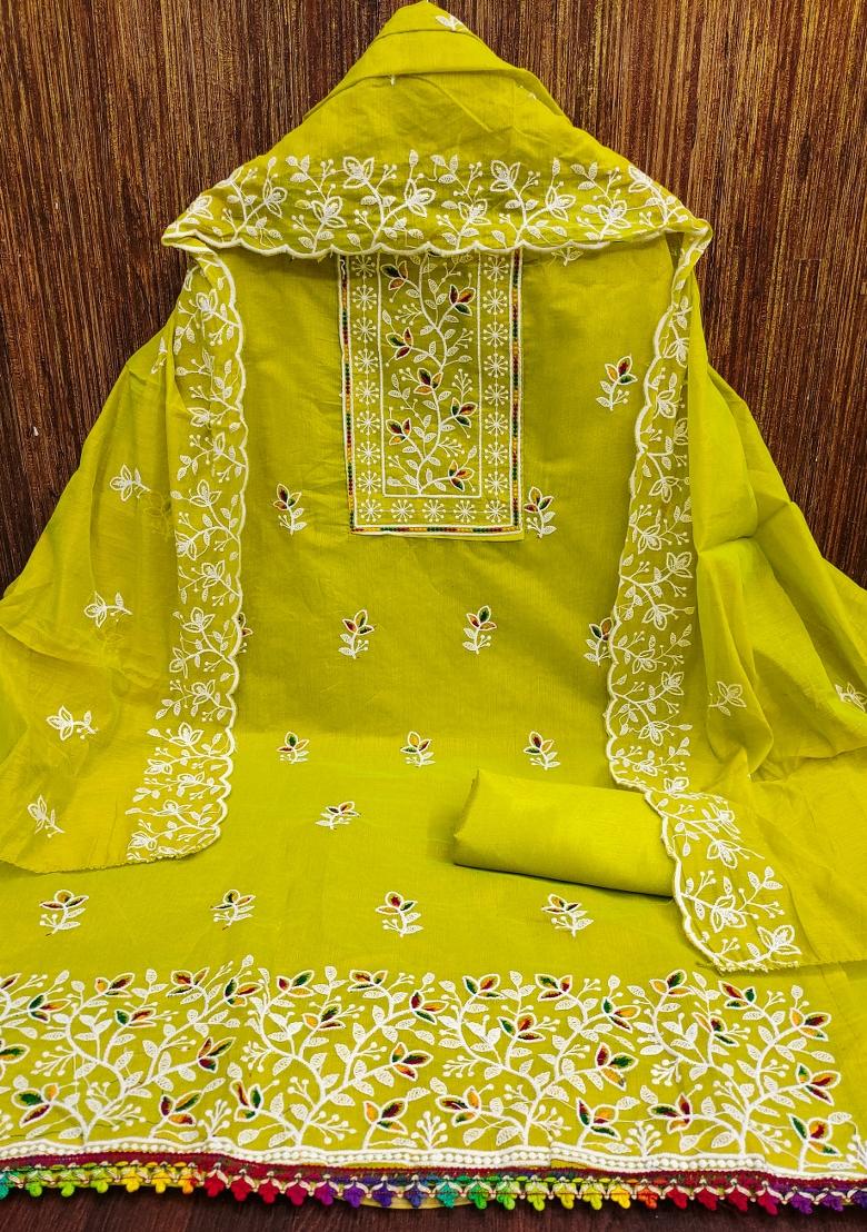 Light Green Embroidered Cotton Blend Dress Material